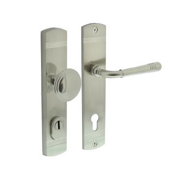 Intersteel Voordeurbeslag Helena 239x50mm knop/kruk profielcilindergat 92mm met kerntrekbeveiliging nikkel mat